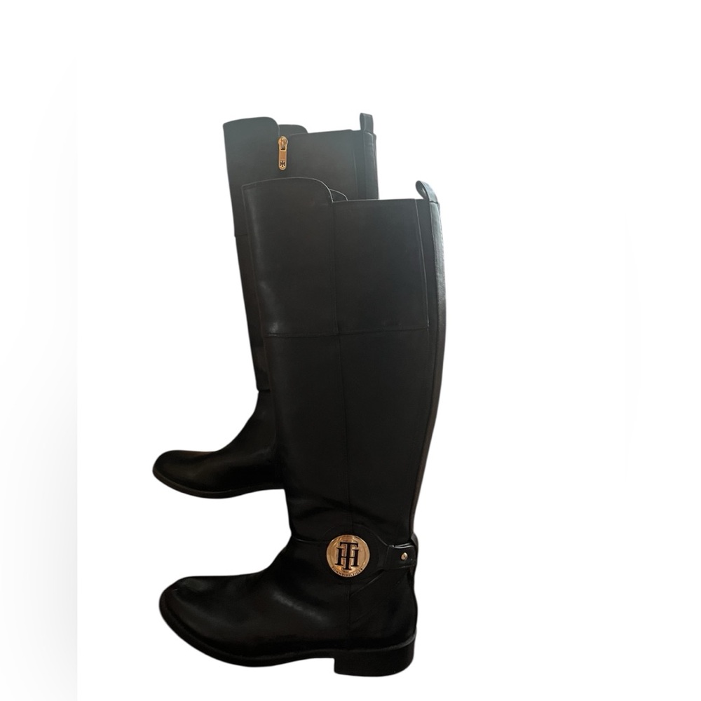 Tommy Hilfiger Black Side Zip Knee High Riding Boots with Logo Detail size 7.5